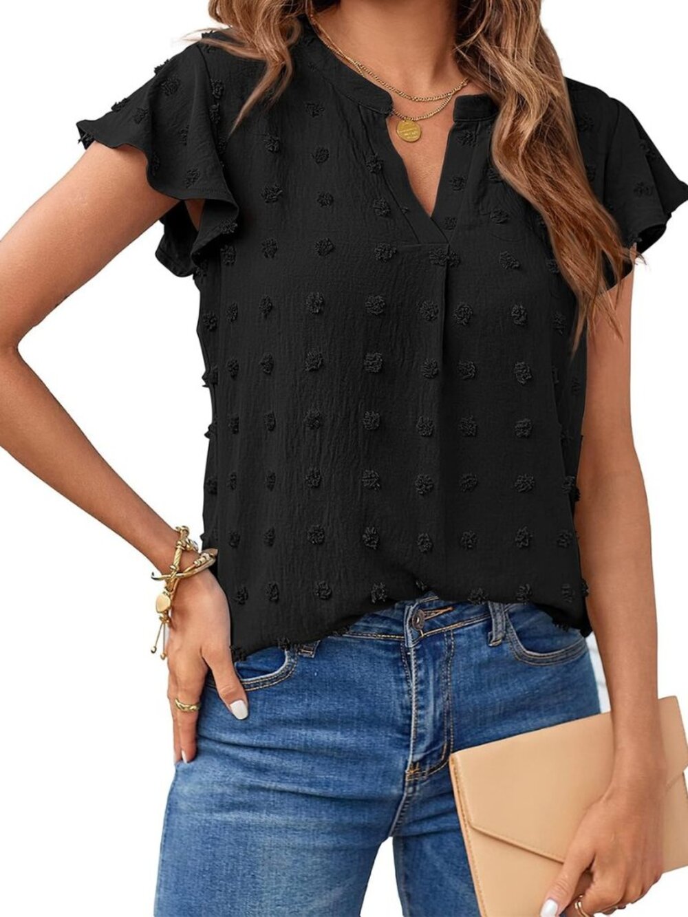 Womens Summer Ruffle Sleeve V Neck Blouse Casual Shirts